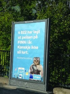 Reklame med maskotten til Finn.no "Pusefinn" om salg av varer